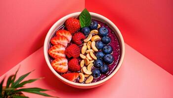 Vibrant acai bowl set in the colorful corner on a coral background photo