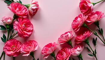 Creative flat lay of carnations on a pastel paper background, with soft pink hues photo