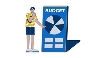 Man analyzing pie chart on budgeting app 2D animation. Financial planning. Expenses tracking. Spending analysis smartphone animated character cartoon flat concept metaphor 4K isolated on white video