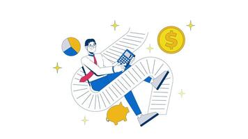 Paying bills happy 2D animation. Expenses control. Financial review budget. Asian man accountant calculating taxes animated character cartoon flat concept metaphor 4K isolated on white video