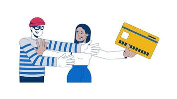 Protecting savings from thief 2D animation. Financial scam prevention. Arab woman defending credit card from theft animated characters cartoon flat concept metaphor 4K isolated on white video