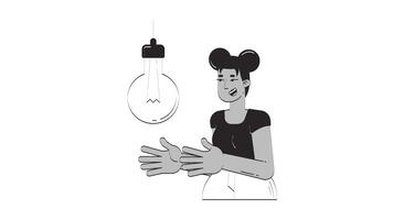Clap to activate smart light bulb hand drawn whiteboard sketch animation. Gesture-based IoT control. Black woman with sound-responsive lightbulb animated handdrawn concept pencil drawing 4K video
