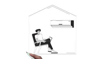 Smart home Wi-Fi air conditioner hand drawn whiteboard sketch animation. Indoor cooling IoT. Latino man controlling AC appliance via wifi tablet animated handdrawn concept pencil drawing 4K video