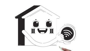 Cute smart home character with Wi-Fi connectivity hand drawn whiteboard sketch animation. Happy house wifi signal. IoT-powered household mascot animated handdrawn concept pencil drawing 4K video