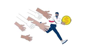Challenges to saving money 2D animation. Financial stress, taxation. Black man running with coin while hands reaching for animated character cartoon flat concept metaphor 4K isolated on white video