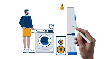 Black man managing smart household appliances using tablet hand drawn whiteboard animation. Wi-Fi technology. IoT user with home devices animated doodle handdrawn concept pencil drawing 4K video