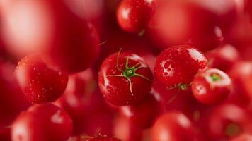 Animation of a group of tomato. Many tomatoes slowly rotate in the background in space. Horizontal composition. Defocus. Close-up. video