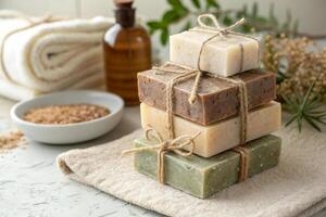 Artisanal organic soap bars stacked on towel, surrounded by natural elements. earthy tones and textures create calming atmosphere, perfect for spa like experience photo