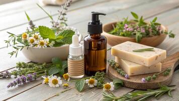 beautifully arranged display of organic skincare products, including essential oils, herbal soaps, and fresh herbs, evokes sense of natural wellness and tranquility photo
