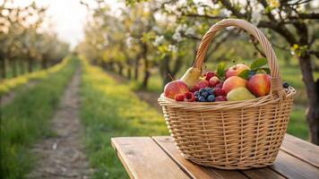 woven wicker basket overflowing with fresh fruits like apples, pears, and berries, set on wooden table in orchard. scene evokes sense of abundance and nature beauty photo
