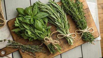 Freshly harvested organic herbs arranged on wooden cutting board, showcasing vibrant basil, rosemary, and thyme, perfect for culinary use and adding flavor to dishes photo