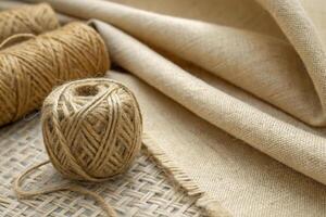 close up of organic hemp fabric with natural fibers and twine, showcasing its texture and earthy tones, perfect for sustainable projects photo