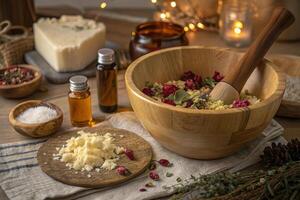 Natural soap making process with ingredients like oils, herbs, and flowers. wooden bowl is filled with mixture, surrounded by essential oils and natural additives, creating serene atmosphere photo