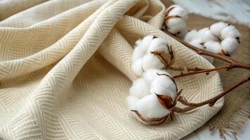 close up of organic cotton fabric, showcasing its texture and natural fibers, complemented by cotton bolls, creating serene and eco friendly atmosphere photo