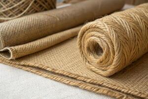 Organic hemp fabric and natural fibers showcase their texture and versatility. warm tones and earthy materials evoke sense of sustainability and craftsmanship photo