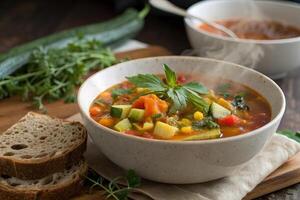 steaming bowl of organic vegetable soup with fresh herbs and colorful vegetables, served with slices of whole grain bread. This hearty dish is perfect for cozy meal photo