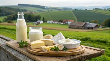 Fresh dairy products displayed on wooden board in scenic countryside setting, featuring milk, cheese, and yogurt with lush green fields in background photo