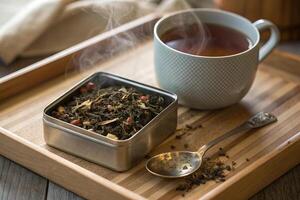 tin of organic loose tea leaves beside steaming cup of tea on wooden tray creates cozy atmosphere. rich aroma and warmth invite relaxation and enjoyment photo
