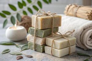 Artisanal organic soap bars stacked with natural elements, creating serene spa atmosphere. Perfect for relaxation and self care routines photo
