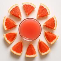 Fresh Grapefruit Juice with Sliced Grapefruit Pieces Arranged in a Circle on White Background photo