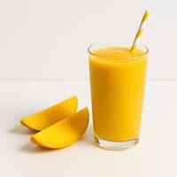 Fresh Mango Smoothie with Sliced Mango Pieces and Yellow Straw photo