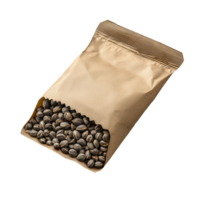 Fresh coffee beans in brown paper bag product rendering isolated on transparent background png
