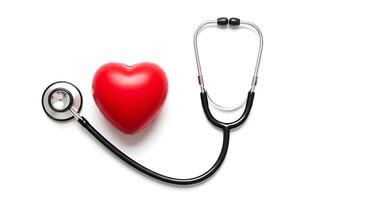 Examining Red Heart with Stethoscope on White Background Representing Healthcare photo