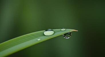 Water Droplets on Green Leaf Tip Reflecting Forest Background photo