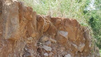An image shows rocky cliff with exposed layers of soil and stones, surrounded by green vegetation. rugged texture and earthy tones create natural landscape that evokes sense of wilderness photo
