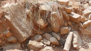 A rocky terrain with exposed layers of sedimentary stones and dry grass. earthy tones and rugged texture create natural landscape, showcasing geological formations and vegetation photo