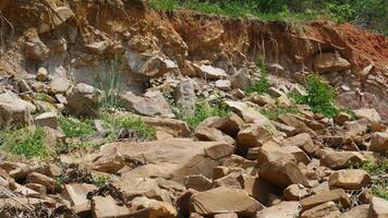 A rocky terrain with mixture of large boulders and smaller stones, surrounded by greenery and soil erosion. landscape showcases natural geological formations and vegetation growth photo