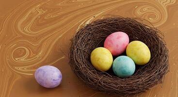 Colorful Easter Eggs in Nest on Swirled Background for Holiday photo