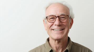 Senior man smiling warmly, showcasing joyful spirit in a simple indoor setting photo
