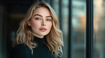 Beautiful Model with Blond Hair Posed Elegantly for Fashion Photography photo