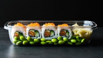 Sushi platter with salmon rolls, edamame, and pickled ginger on a dark surface photo