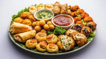 Delicious assortment of traditional appetizers served on a large platter at a festive gathering photo