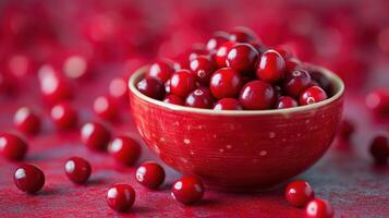 Cranberries in a red bowl surrounded by scattered berries on a vibrant background photo