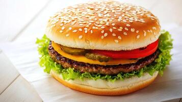 Juicy hamburger with fresh vegetables and sesame seed bun served on a rustic table photo