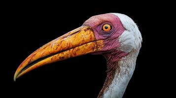 Detailed close-up of a colorful bird with striking features against a dark background photo