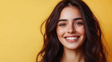 Happy young woman smiles brightly against a vibrant yellow background showcasing her joyful expression and glowing skin in an indoor setting photo