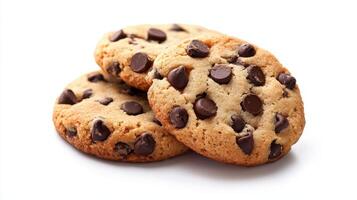 Warm cookies stacked together with melted chocolate chips on a light background, perfect for a sweet treat photo