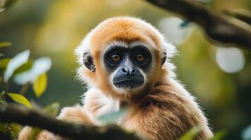Gibbon perched on a branch, displaying striking features in a lush forest during daylight hours photo