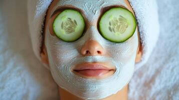 A woman with cucumber slices on her face photo