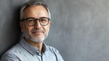 Middle-aged man smiling warmly against a gray wall during daytime in a casual setting photo