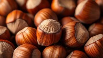 Hazelnuts in their shells arranged closely together on a soft surface showcasing their natural colors and textures during daylight hours photo