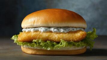 Crispy fish sandwich with fresh lettuce and creamy sauce served on a toasted bun for a delicious meal option photo