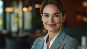 Professional woman smiles confidently in modern office space during a business meeting photo
