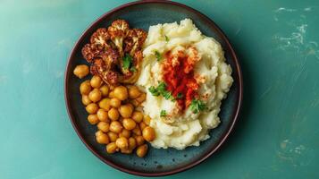 Creamy mashed potatoes served with roasted cauliflower and chickpeas on a vibrant plate photo