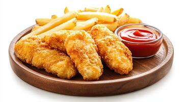 Delicious golden fried chicken tenders with crispy fries and tangy dipping sauce on a wooden plate photo