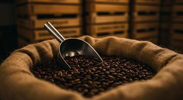 Scooping Coffee Beans From Burlap Bag in Warehouse Setting photo